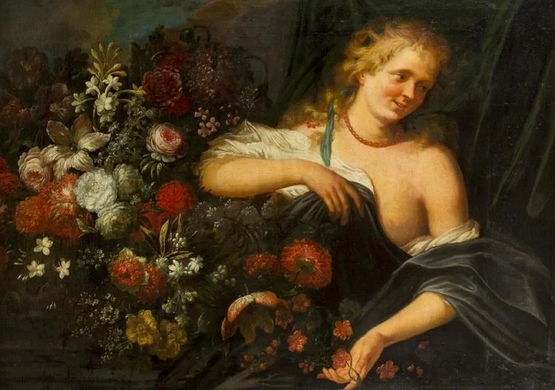 Ragazza con fiori e una collana di corallo davanti alla tenda verde - attribuito